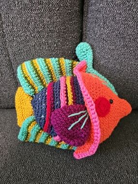 Handmade Colorful Crochet Fish Accent Pillow - Multicolor